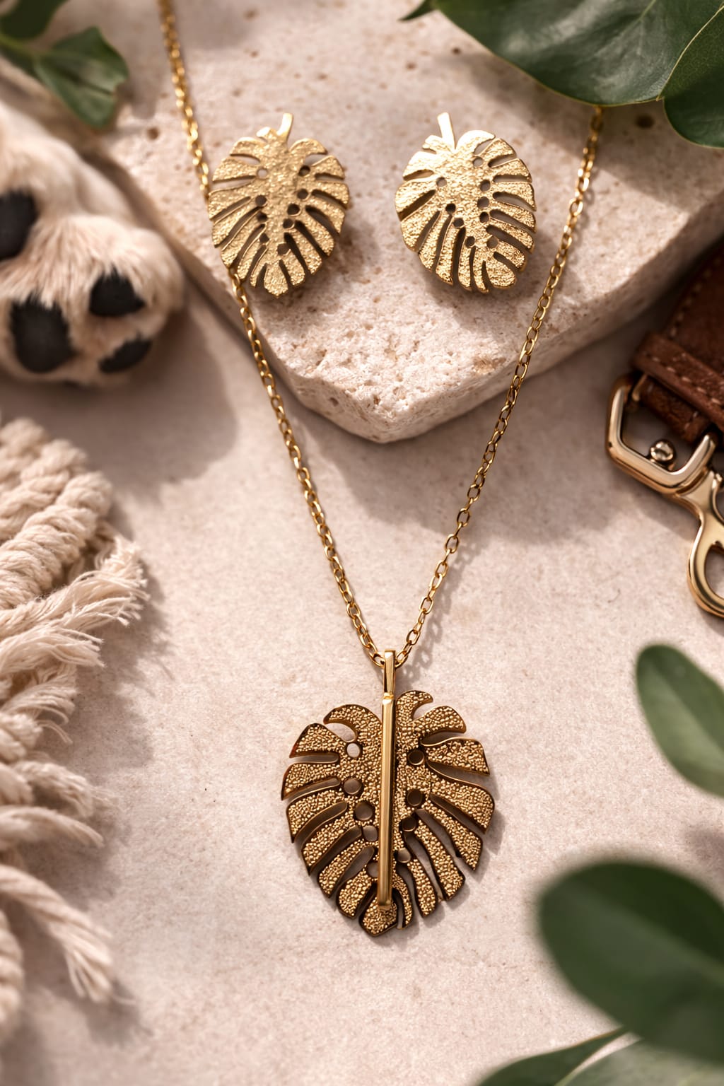 Set Hoja Tropical Dorada – Collar y Aretes Elegantes