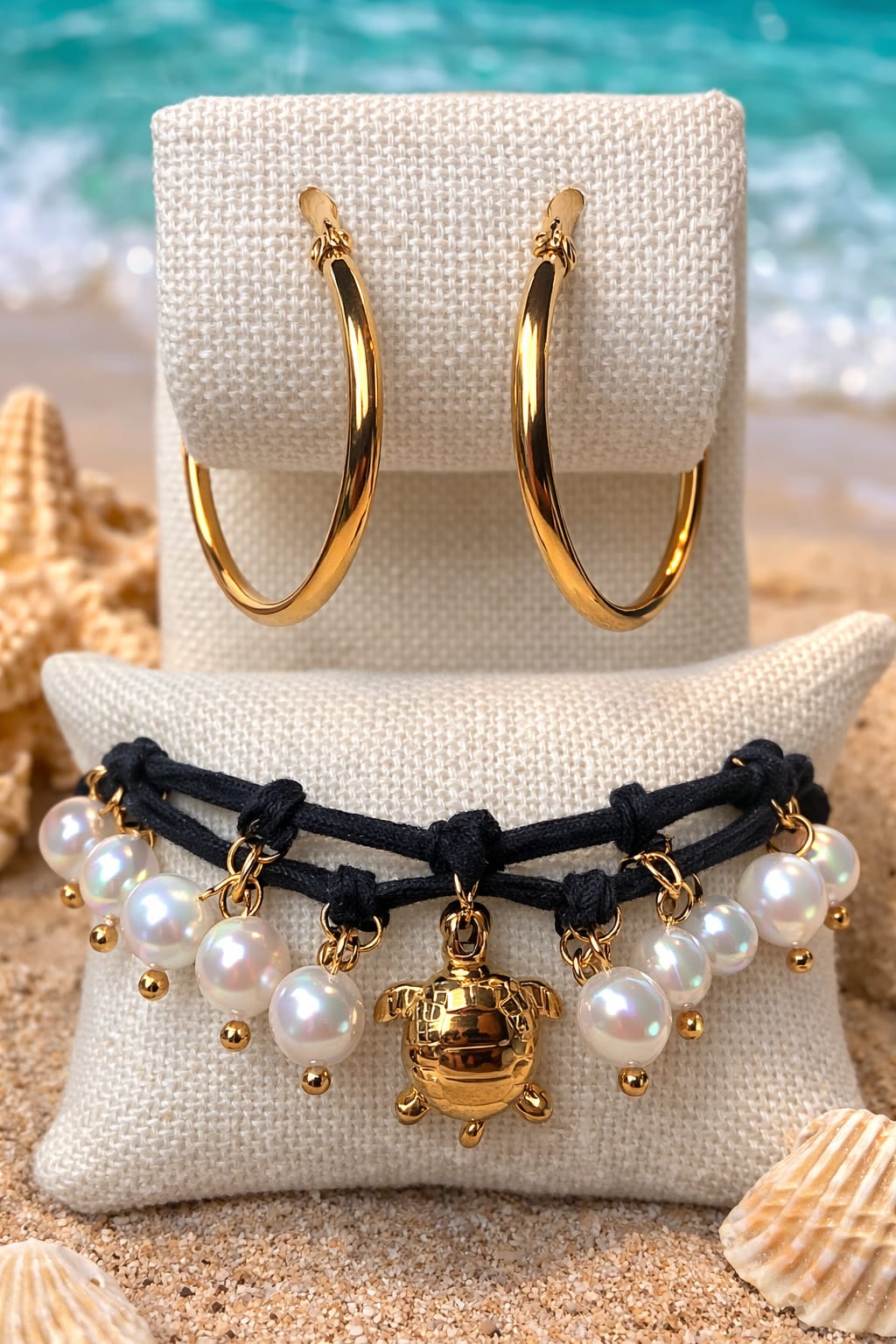 Set Ocean Pearl – Aretes Dorados y Pulsera Tortuga